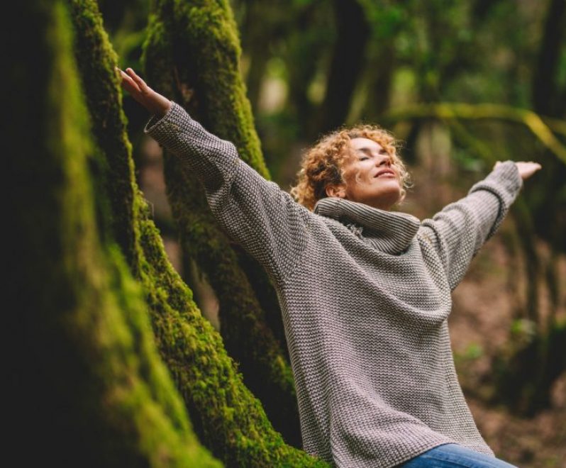 Overjoyed,Happy,Woman,Enjoying,The,Green,Beautiful,Nature,Woods,Forest